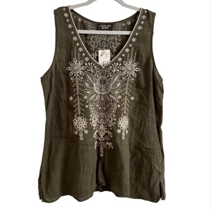 Johnny Was Tunic Top Medium Olive Green Ramie Blend Embroidered Boho Lagenlook - Picture 1 of 7
