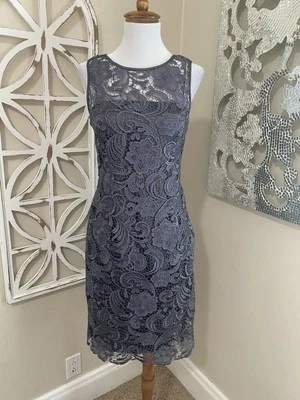 ADRIANNA PAPELL size 4 GRAY LACE LINED SLEEVELESS SHEATH DRESS - Image 1 of 4