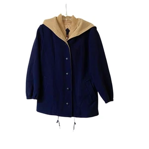 Vintage Mackintosh Weste Mantel mit Kapuze marineblau & hellbraun Damengröße 8 Wolle Erbsenmantel - Bild 1 von 15