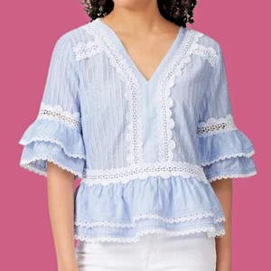 J CREW Lace Trim Top Pintuck Pleat Powder Blue/ White Peplum Boho Blouse sz M 3B - Picture 1 of 16