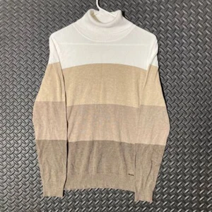 Calvin Klein Brown Cream Block Striped Pattern Turtle Neck Pullover Sweater Sz M - Picture 1 of 6