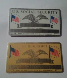 Two Vintage Metal Social Security Card, Twin American Flags, One Gold One White. - Picture 1 of 2