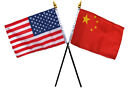 USA American & China Chinese Flags 4"x6" Desk Set Table Black Base