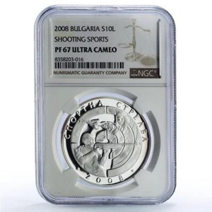 Bulgaria 10 leva Shooting Sports PF67 NGC silver coin 2008 - Picture 1 of 2