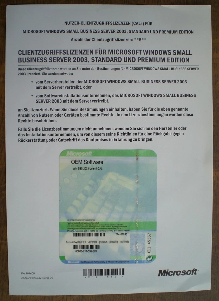 5 User / Benutzer CAL für Windows SBS Small Business Server 2003 - Bild 1 von 1