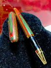 PEN Vtg Multi Color Teak Wood Ball Point Pen Gold Trim