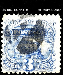 US 1869 SC 114 LOCOLOTIVE 3¢ ULTRA USED NO GUM FANCY CORK CANCEL FINE/VERY FINE - Picture 1 of 2