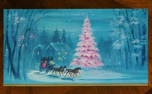 VINTAGE UNBENUTZTE Weihnachtskarte GLITZER GLITZERNDER ROSA BAUM PFERDEKUTSCHE 8" - Bild 1 von 4