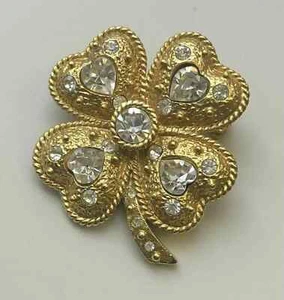 5 Ct Heart Cut Simulated Diamond Clover Shape Brooch Pin 14k Yellow Gold Plated - Picture 1 of 6