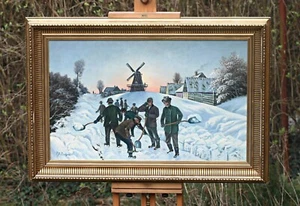 Gran paisaje de invierno con cosechadoras de hielo - pintura al óleo sobre lienzo, firmado - Imagen 1 de 7