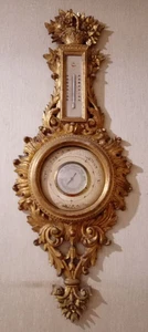 Barometro e termometro da parete, in legno finemente intagliato e dorato - Foto 1 di 1