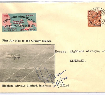 GB Scots Islands ILLUSTRATED Cover 1934 FIRST FLIGHT Orkney *SIGNED* Pilot WY147 - Image 1 of 4