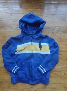 Polo Ralph Lauren Kids Hoodie Size 7 Blue Yellow Stripe Full Zip Big Pony Logo - Picture 1 of 7