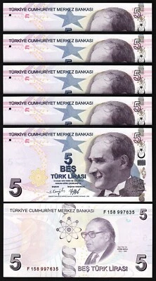 Turkey 5 Lira 2009 - 2022, UNC, 5 Pcs LOT, Consecutive, Prfx F, P-222f, New Sign - Image 1 of 4