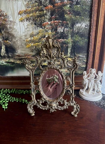 Vintage Brass Louis XV Ornate Filigree Tabletop Vanity Mirror Cover