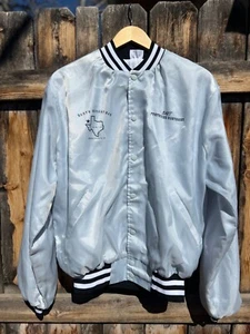 Vintage XL Barts Bunker Bar Texas State Silver Satin Baseball Jacket Keflavik - Picture 1 of 10