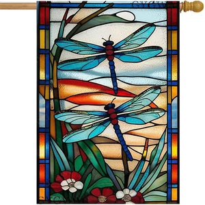 Spring Summer House Flag 28X40 Inch Double Sided, Dragonfly Stained Glass Garden - Picture 1 of 12