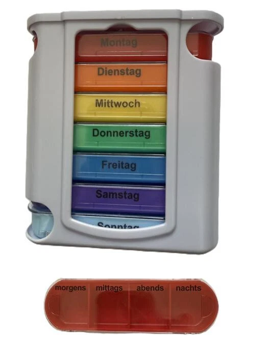 MARKENLOS Tablettenbox Pillenbox Pillendose Reise Box Medikamentenbox 7 Tage 4 Fächer bunt