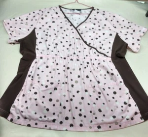 Cherokee Scrub Top 2XL Womens Pink and Brown Sides & Polkadots Elastic Waistband - Picture 1 of 12