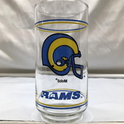 Vintage NFL Collectible Los Angeles Rams Mobil Drinking Glass Yellow Blue Stripe Cover