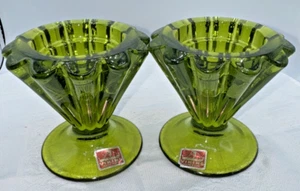 Vintage Glass Candlesticks Holder Avocado Green Taper or Votive Smith Viking - Picture 1 of 9