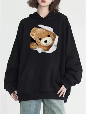 Festive Teddy Bear Graphic Hoodie With Kanga Pocket - Women's Casual Long Sleeve - Image 1 of 4