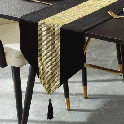 Shiny Bling Gold Black Thick Velvet Tassels Deco Wedding Bed Table Runner Cloth - Image 1 of 4