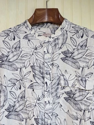 Merona Shirt Mens 2XL White Black Leaf Print Linen Cotton Button Up Casual - Image 1 of 4