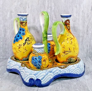 Italian Art Pottery Olio Oil, Aceto Vinegar, Salt & Pepper Caddy Tray Signed - Picture 1 of 17