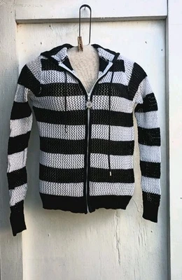 Vintage Y2K Quacker Factory Black & White Open Knit Cabana Full Zip Jacket... - Image 1 of 4