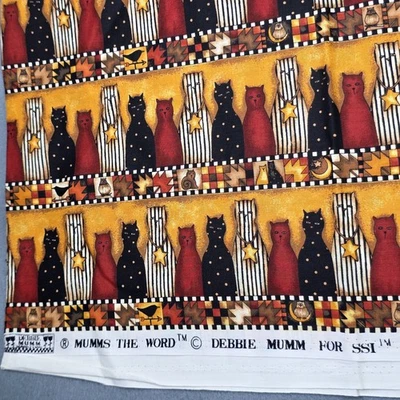 Vintage Cat Fabric Debbie Mumm Folk Art Cats in a Row Stars Halloween Fall 1 yd - Image 1 of 2