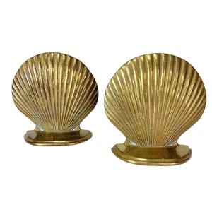 Vintage Hollywood Regency MCM Gold Brass Ribbed Clamshell Bookends - Picture 1 of 8