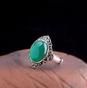 I03 Ring Romantic Green Agate Marcasite Silver 925 Adjustable Size - Imagen 1 de 11