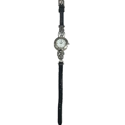 Premier Designs relógio redondo banhado a prata com pulseira de couro preto NÃO TESTADO - Imagem 1 de 4