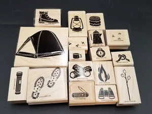 Stampin Up Roughing It Wood Mount Rubber Stamps Tent Camping Hiking Outdoors - Picture 1 of 2