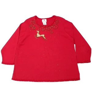 Vtg Quacker Factory Christmas Sweater 2X Red Plus Size Reindeer QVC Deer Holiday - Picture 1 of 9