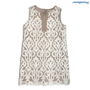 KATHERINE KELLY Sheath Dress Size 14 Lined Embroidered Lace Back Zip Sleeveless - Picture 1 of 7