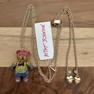 NEW Betsey Johnson Rainbow Crystal Jointed Teddy Bear Pendant Slider Necklace - Picture 1 of 4