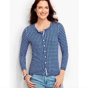 Talbots Charming Cardigan Blue & White Check Gingham 3/4 Sleeve Button sweater - Picture 1 of 6