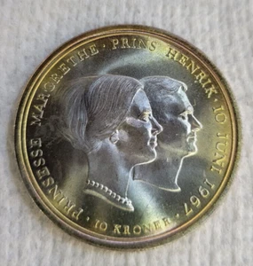 Denmark 1967 10 Kroner BU Wedding of Princess Margrethe~Gold Toning~ - Picture 1 of 3