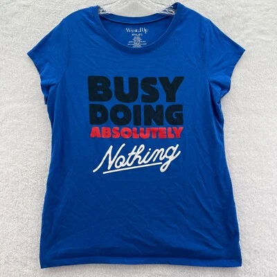 Busy Shirt Womens XL Blue Short Sleeve Cotton Crew Neck Top Funny Cotton Blend - Image 1 of 4