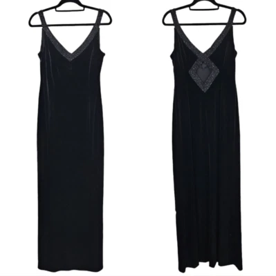 Vestido largo con cuentas de terciopelo negro vintage Alex Evenings años 80 cuello en V 12 Foto 1 de 4
