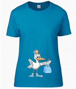T-SHIRT DONNA PREMAMAN CICOGNA azzurra MAGLIETTA MASCHIO PREGNANCY IT'S A BOY - Picture 1 of 6