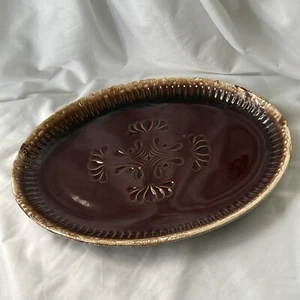 Vtg. McCoy Brown Drip Glaze 13" Oval XL Serving Platter 7062 USA Ribbed w/ cross - Picture 1 of 11