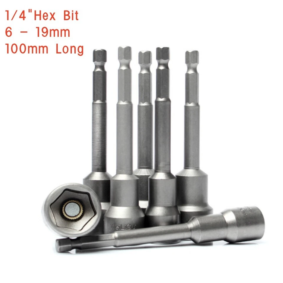 Magnetic 1/4"Hex Bit 6 to 19mm Metric Impact Driver Drill Socket Nut 100mm Long - Image 1 of 4
