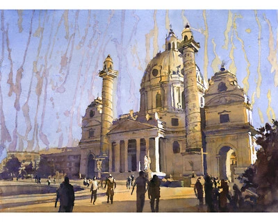 Watercolor painting St Charles church Vienna Austria skyline trending (print) - Image 1 of 4