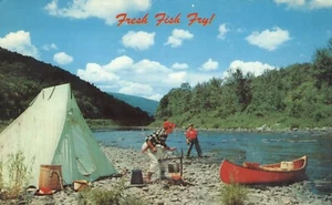 ¡Freido pescado fresco! 1971 carpa de pescador canoa lista para cocinar cena postal - Imagen 1 de 4