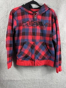 Rusty Spellout Hoodie Y2K Youth XL Buffalo Red Plaid Full Zip Skater Surf Vtg - Picture 1 of 16