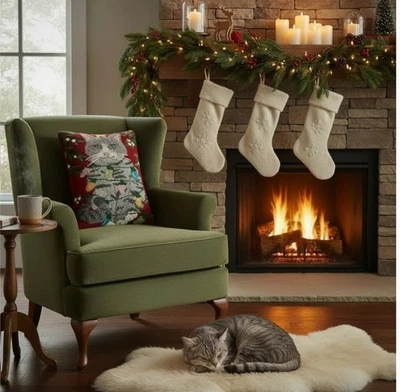 Almohada Gancho Europea "Gato de Navidad con Luces" con Inserto, 12" x 18" Foto 1 de 4