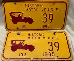 1985 1986 Lot Of 2 Indiana Historic Motor Vehicle Antique Car #39 License Plates - Picture 1 of 5